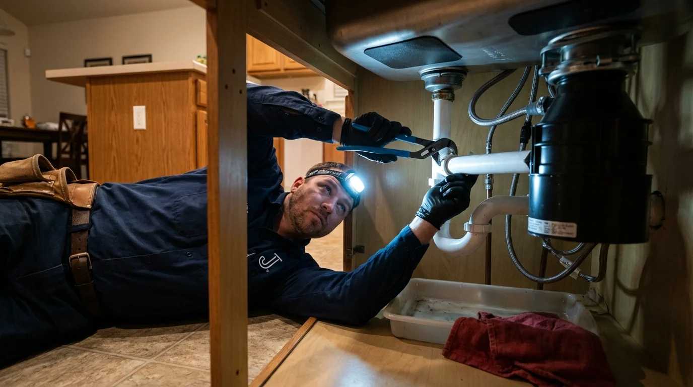 P-trap and supply line connections under a kitchen sink showing a common leak point in Santa Clara, UT